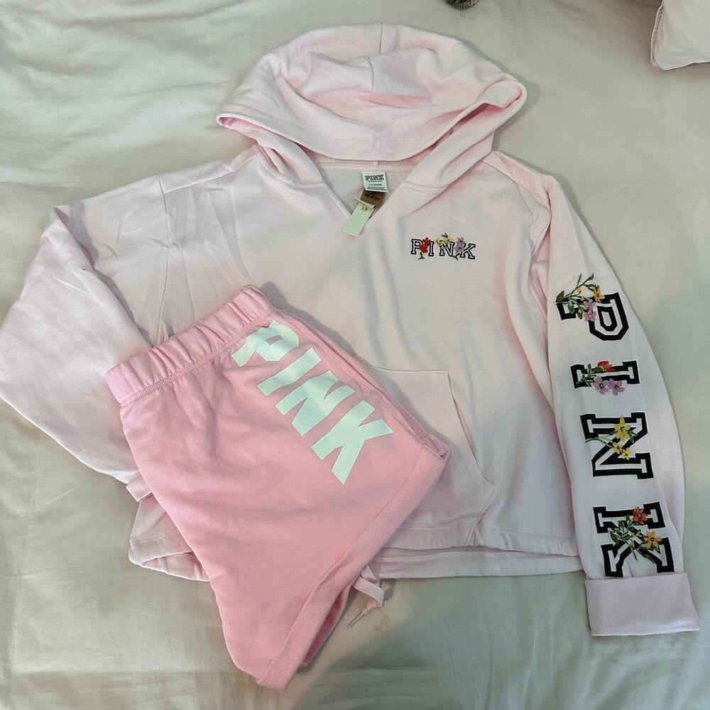 Pink Victoria's Secret Pink Floral Embroidered Hoodie and shorts